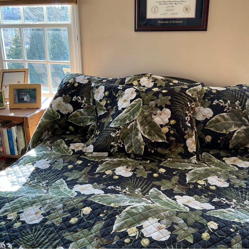 Floral Green and White FULL QUEEN Quilt Set